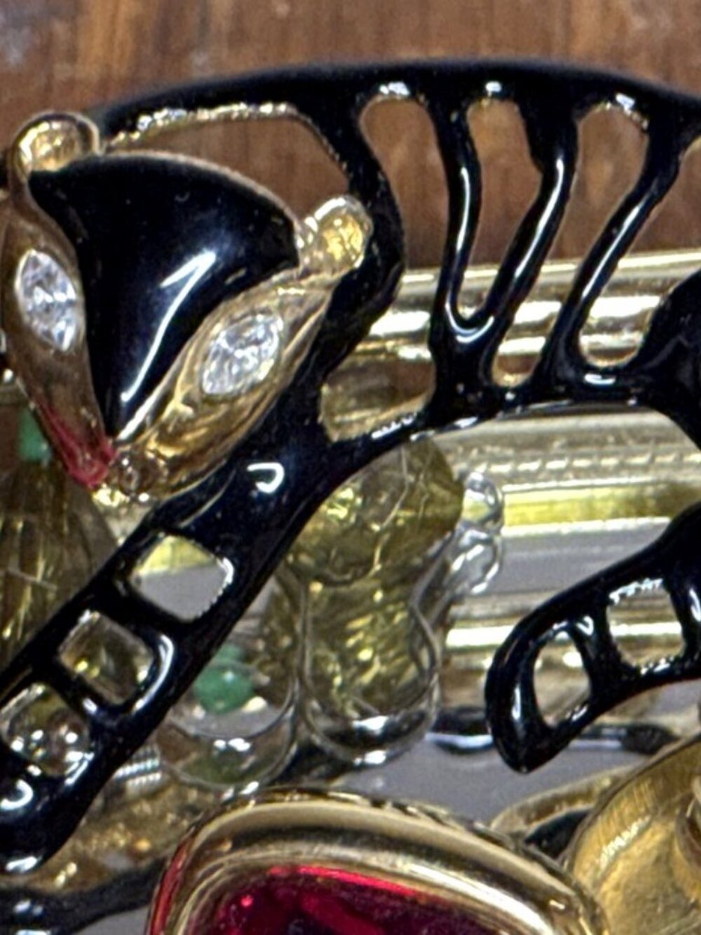 Vintage Black Enamel Leaping Panther Brooch Gold Tone Rhinestone Eyes